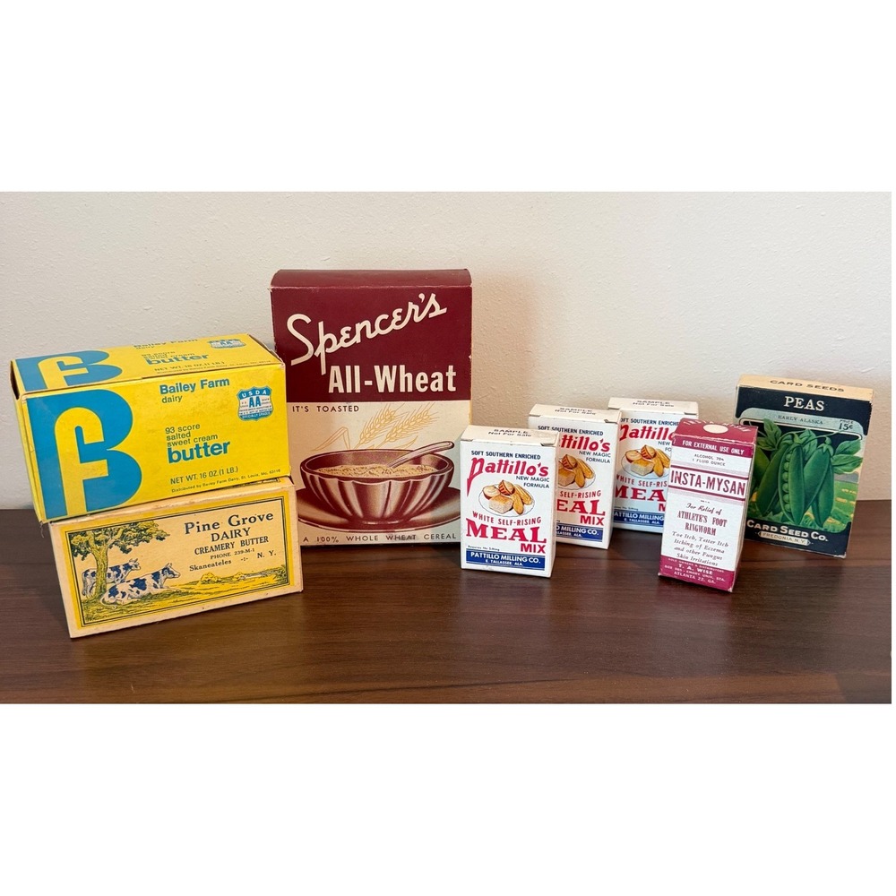 Vintage Advertising Box Lot Spencers Cereal Pattillos Meal Card Seed Butter Prop